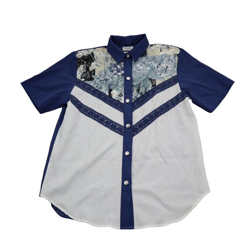 Remo of California Shirt Womens L Blue Button Up Short Sleeve Collared Top